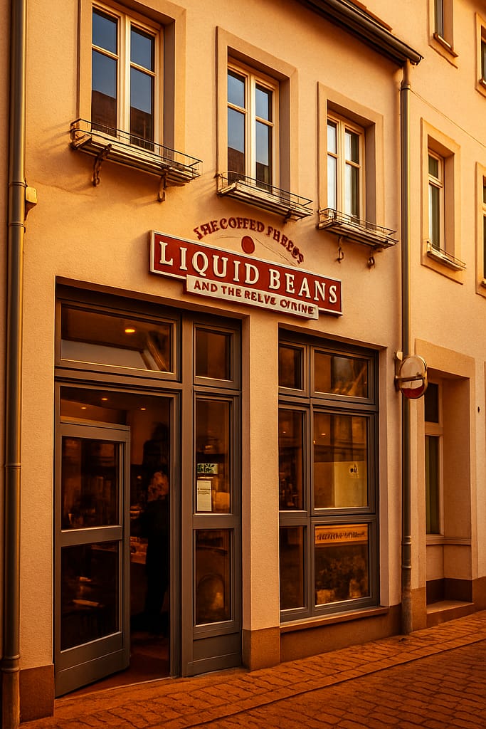 Außenansicht des Liquid Beans Cafés in der Altstadt von Bietigheim with Eingang und Schaufenstern