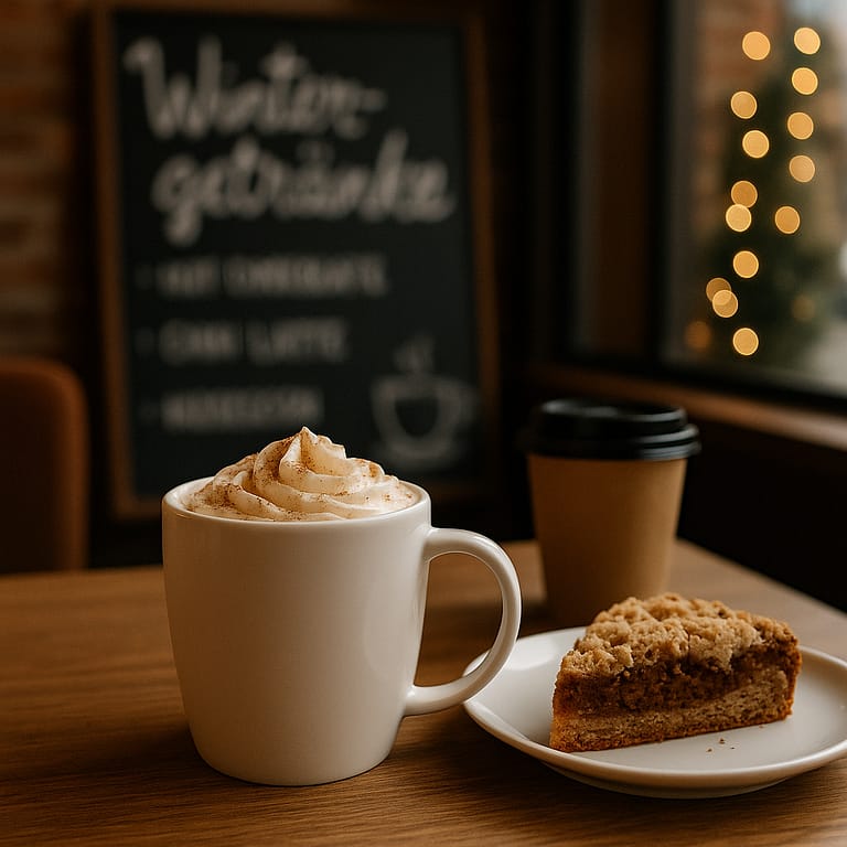 Gemütliches Café in Bietigheim-Bissingen mit heißem Kaffee, hausgemachtem Kuchen und winterlicher Atmosphäre im Liquid Beans Café